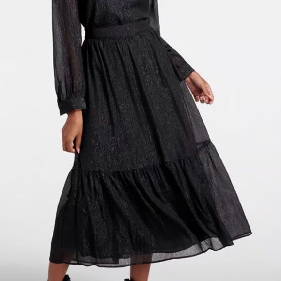 Modcloth Shimmering Rainfall Metallic Midi Skirt Tier Aline Black AU 12 US 8 NWT - Picture 1 of 12